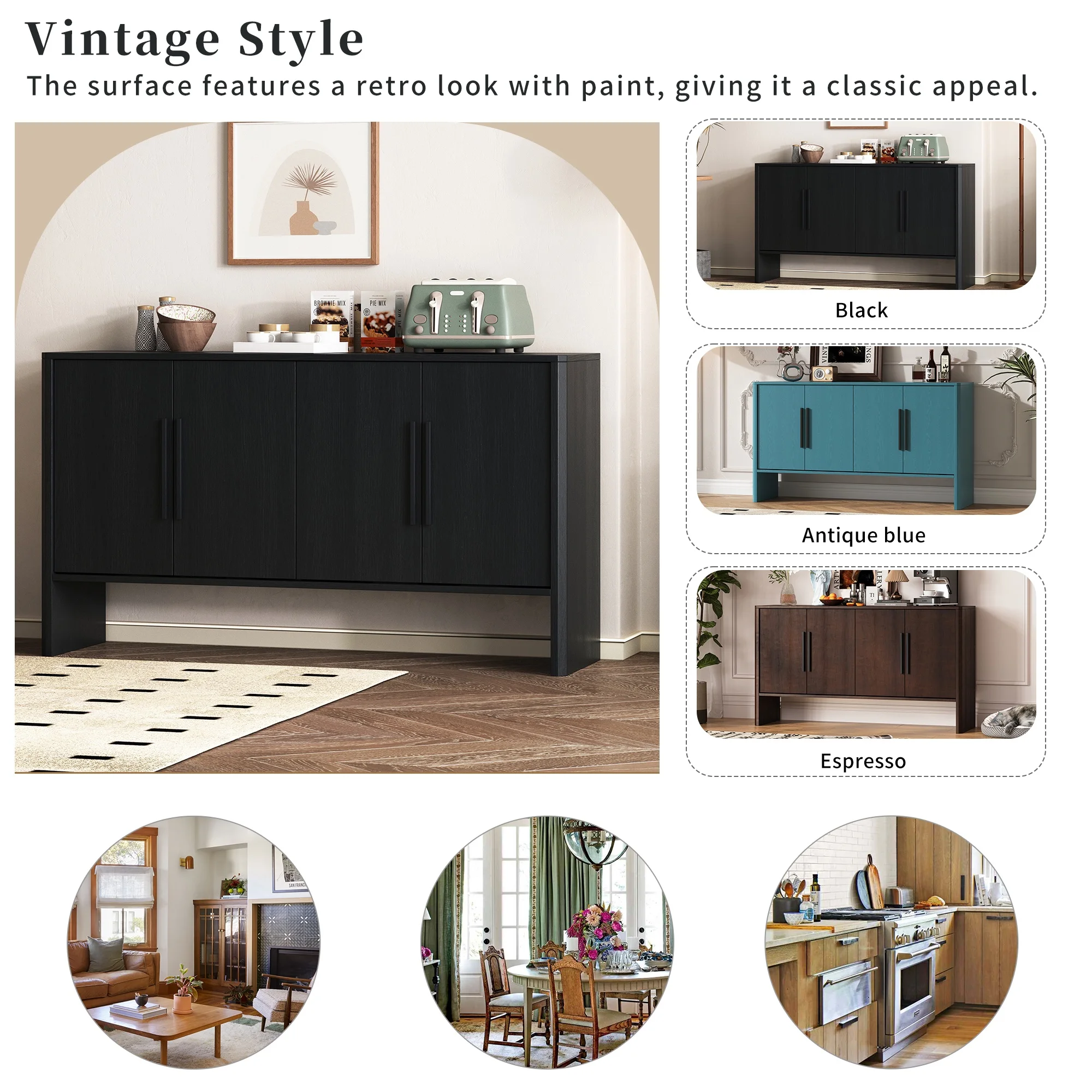 Accent Cabinet with 4 Doors, TUANLUO Buffet Cabinet with Adjustable Shelves, Wood Storage Cabinet, Modern Accent Cabinet Furniture for Hallway Entryway Living Room, 59"L x 15.7"W x 33.2"H, Blue
