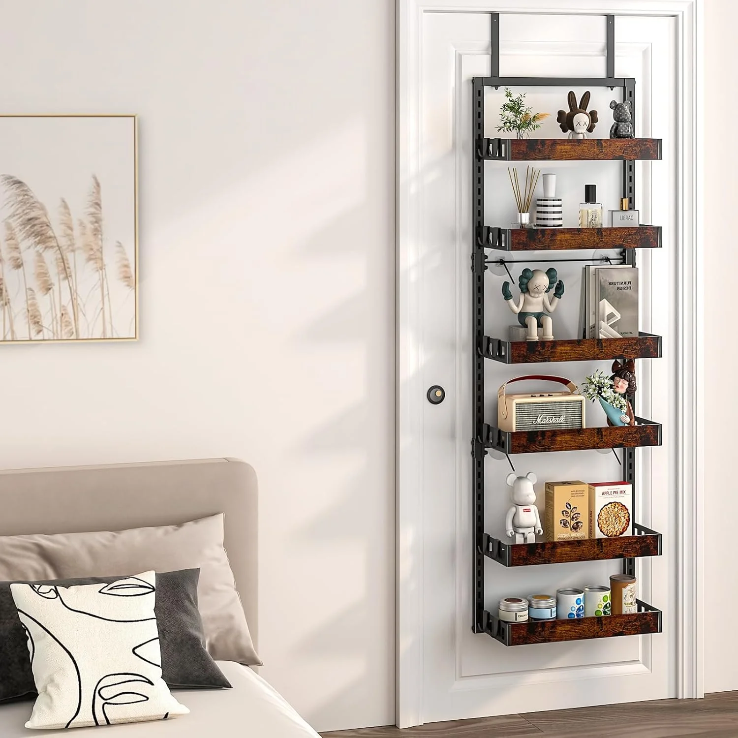 Over the Door Pantry Organizer, 6-Tier Adjustable Wooden Basket Kitchen Pantry Door Organization and Storage, Heavy-Duty Metal Hanging Kitchen Spice Rack,D6.3 x W17.71 x H50.60 inch,1 Pack