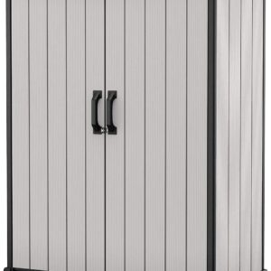 Keter Premier Tall Vertical Durable Resin Outdoor Storage Shed With Floor and Locking Double Doors, Grey