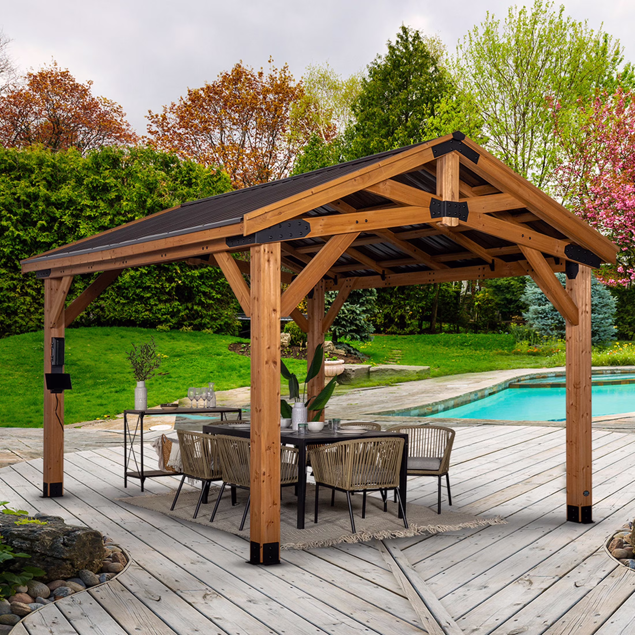 Backyard Discovery Norwood 14′ x 12′ Cedar Wood Gazebo, Galvanized Steel Roof, PowerPort