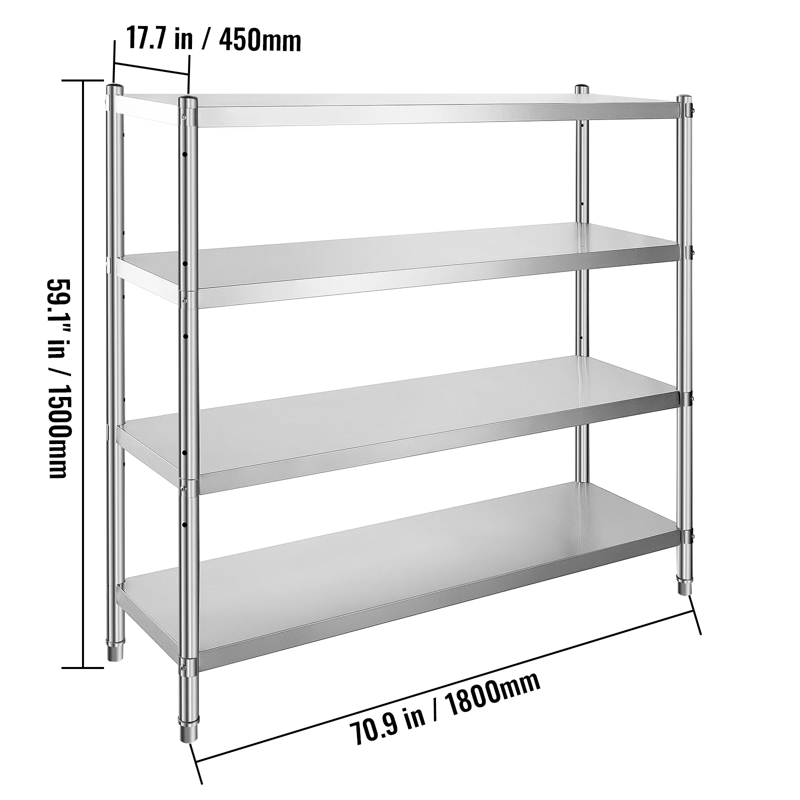 KFFKFF Storage Rack, Quad-Level Metal Shelves, Organizational Shelf Unit, Dimensions 70.9 x 17.7 x 59.1 Inches, Robust Storage Rack Shelving, Total Load Capacity 1320 Lbs, Height Modifiable