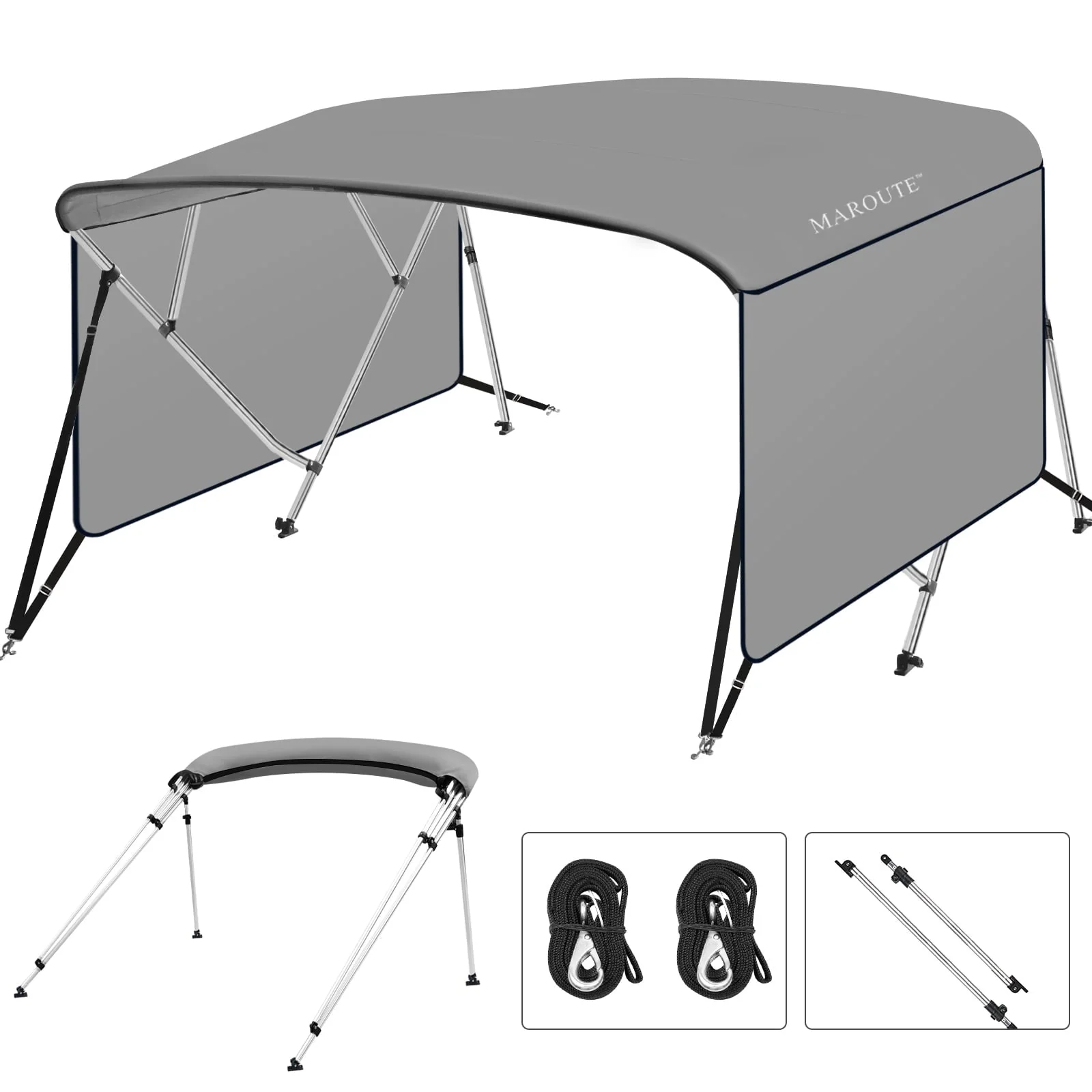 4 Bow Top Boat Cover with Aluminum Alloy Frame, Include Straps & Adjustable Rear Support Pole, Zippered Storage Boot, PU Coating Canvas Gray 8’L x 54″ H x 73″-78″ W