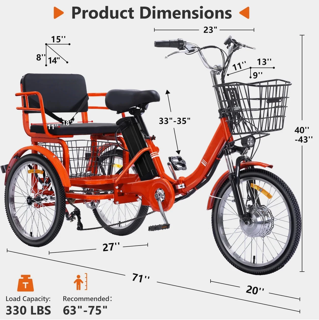 NOMIGO Folding Electric Tricycle for Adults, 3 Wheel, 350W, 48V13AH Lithium Battery, Orange