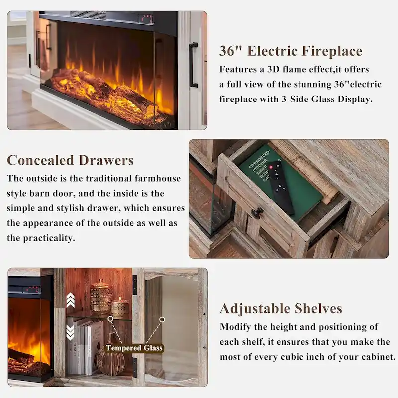 Farmhouse Electric Fireplace TV Stands up to 80, Entertainment Center