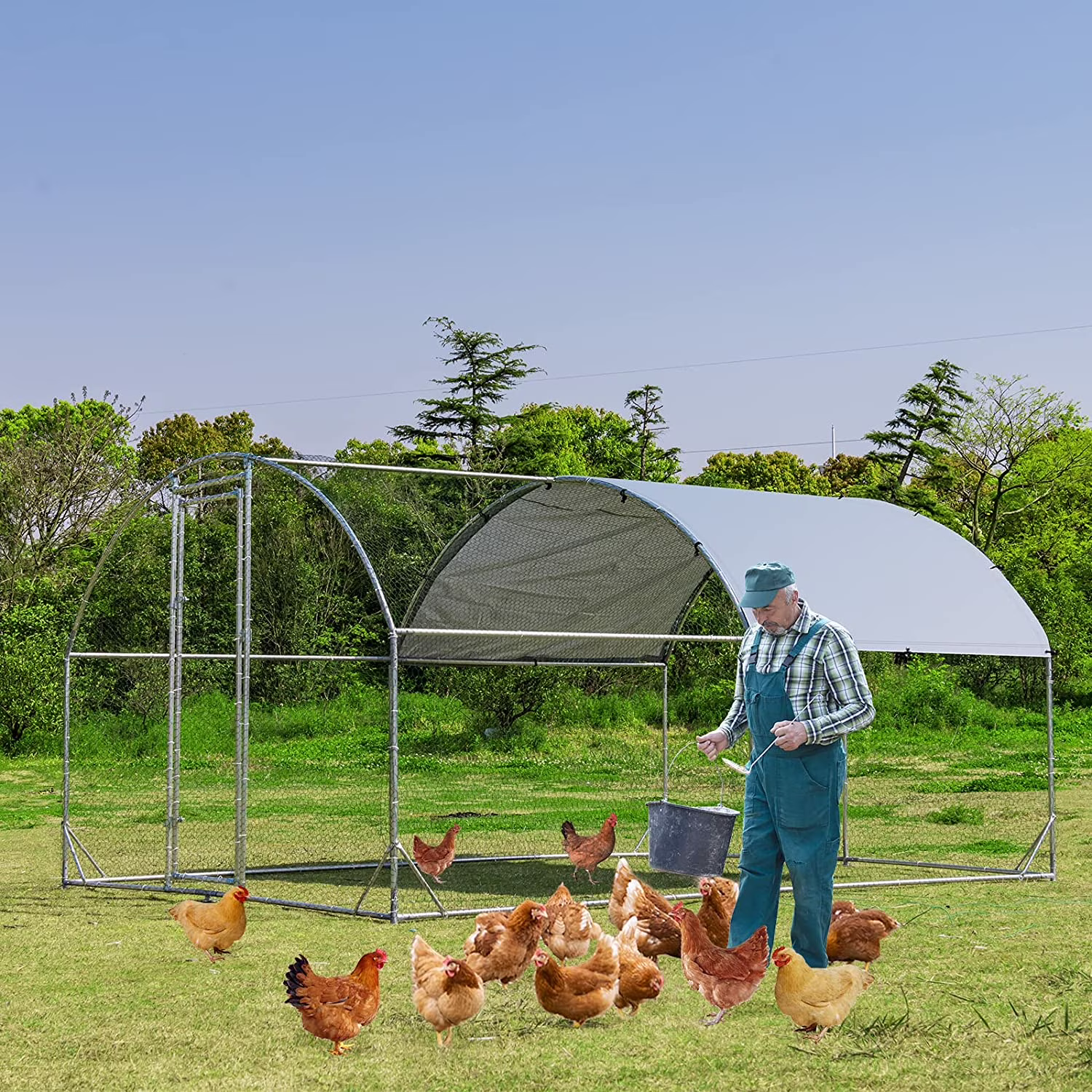 Large Metal Chicken Coops, Outdoor Duck Walk-in Run Poultry Cage, Hen House Yard Habitat Cage with Waterproof Cover Spire Shaped Coop, 9.8' L x 6.6' W x 6.6' H