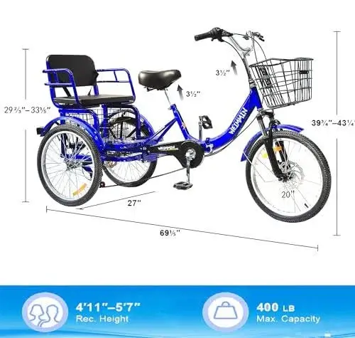 WEIMMIN Adult Folding Tricycle, 7-Speed, 20-Inch Wheels, Star-Striped Blue Frame
