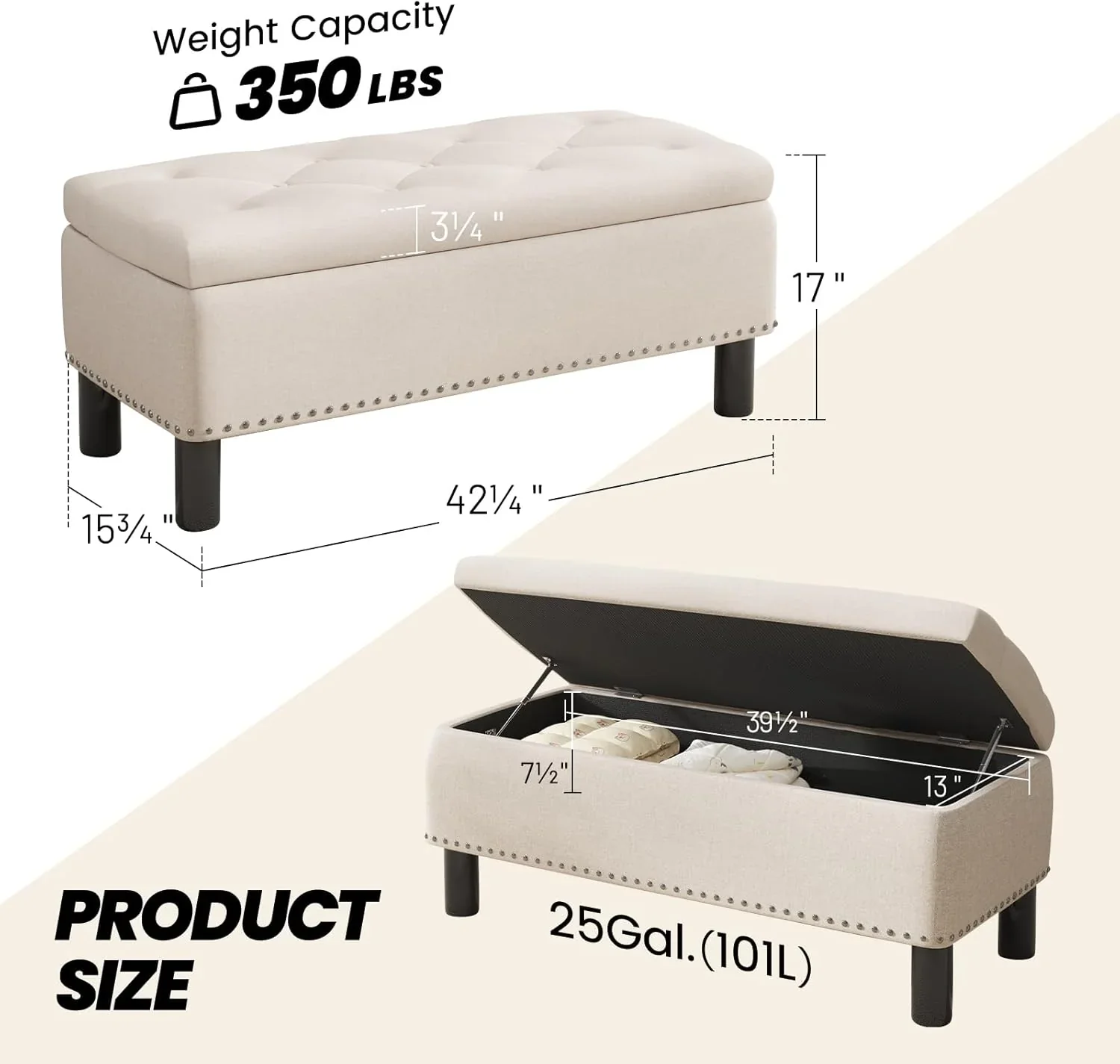 Furniliving Modern Storage Ottoman Bench, Sherpa Ottoman End of Bed Bench with Solid Wood Legs Upholstered Ottoman Benches with Storage Indoor Bench for Living Room with Rolled Arm, Entryway, White