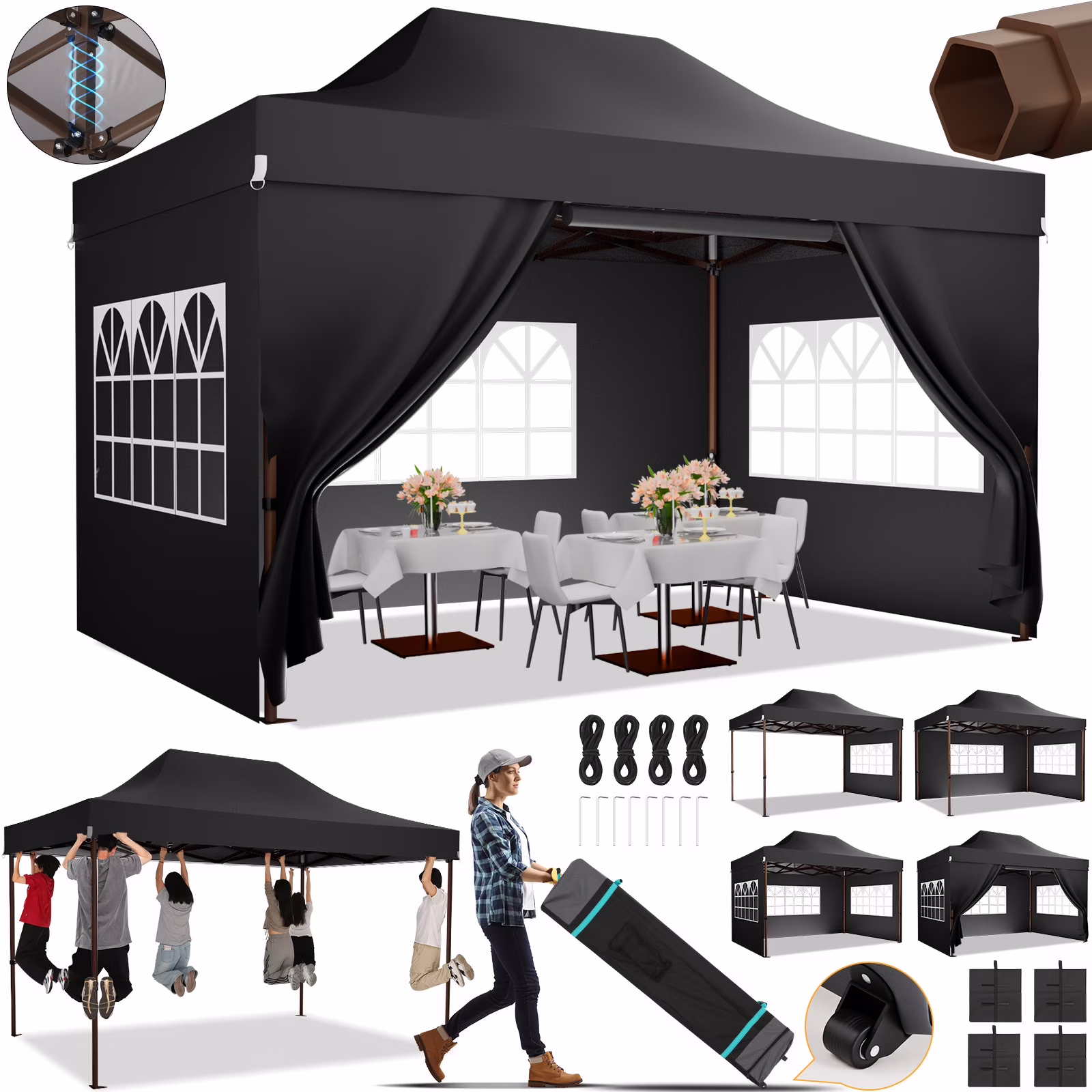 COBIZI 10×15 Pop Up Canopy Tent Heavy Duty with Sidewall, Commercial Outdoor Easy Pop Up Gazebo for Party Wedding All Weather Waterproof UV 50+ with Roller Bag(Leg Upgraded),Black