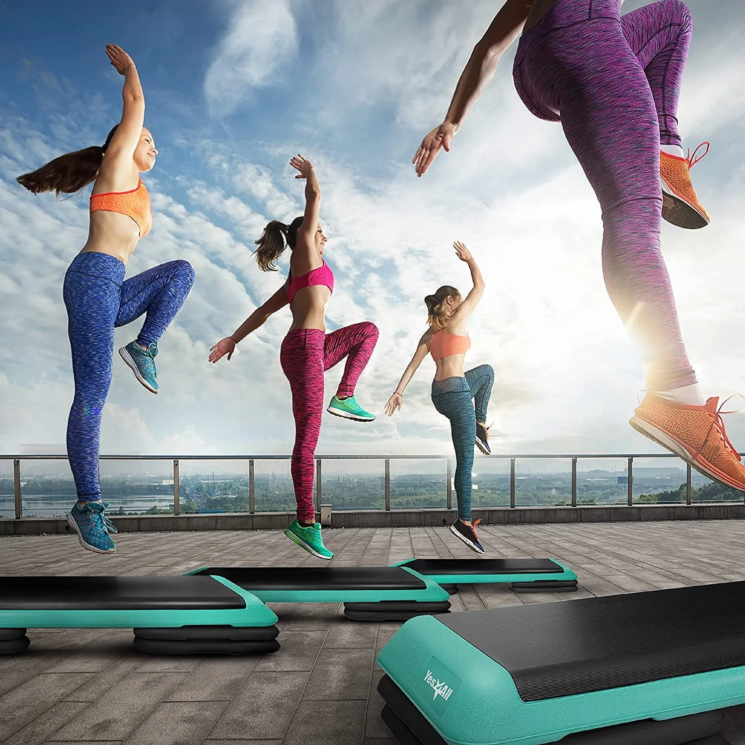 Yes4All Adjustable Aerobic Step Platform, 40 in x 16 in with 4 Risers, Black and Green