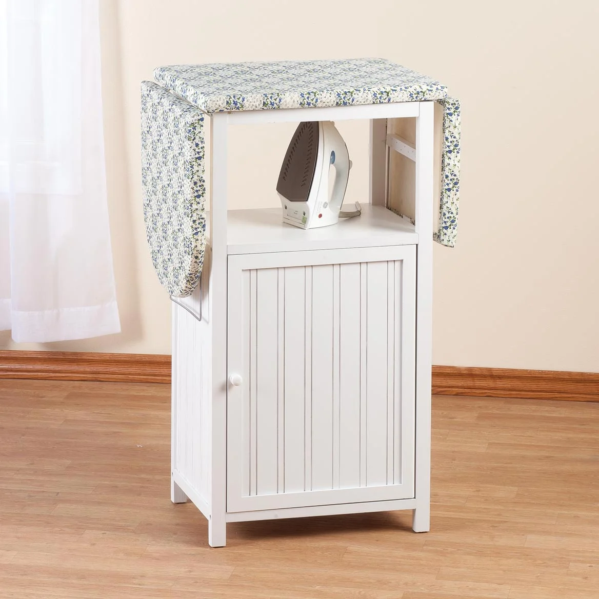 OakRidge Deluxe Ironing Board with Storage Cabinet, Perfect for Small Spaces with Extra Storage, Folding Station, Crafted with 100% Durable Wood, White Design C Measures 36.5″ H x 15.5″ W x 23″ L