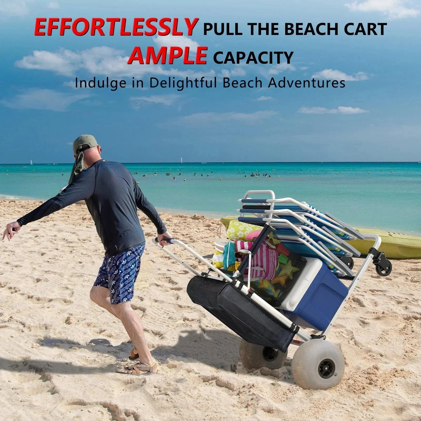 GDLF Foldable Beach Cart with Adjustable Handle and 12″ Balloon Wheels, Heavy Duty Aluminum 220LBS Capacity