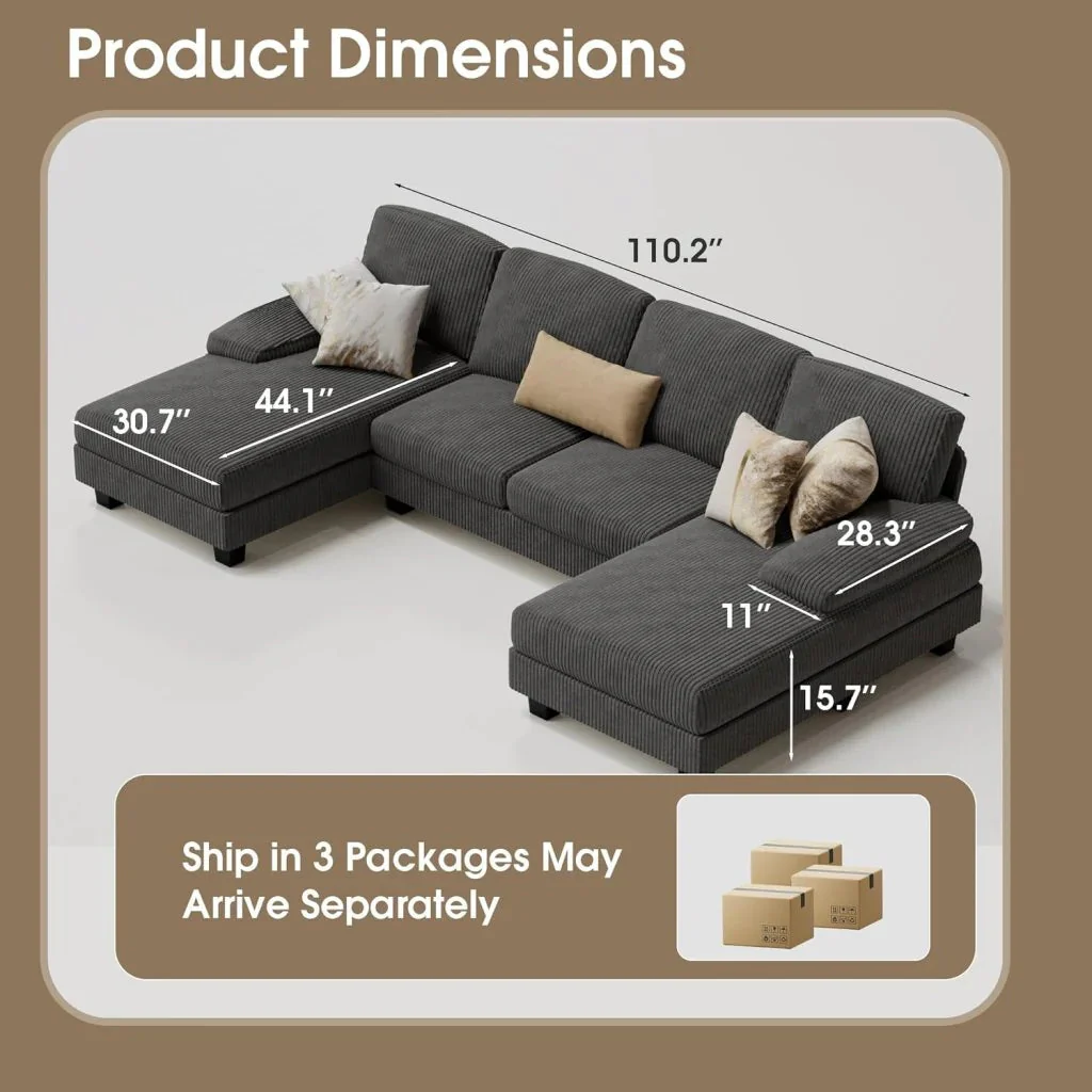 Furmax Sectional Couches for Living Room, U-Shaped Sofa Couch with Linen Fabric, 4 Seat Sofa Set with Double Chaise for Apartment (Fabric, Grey)