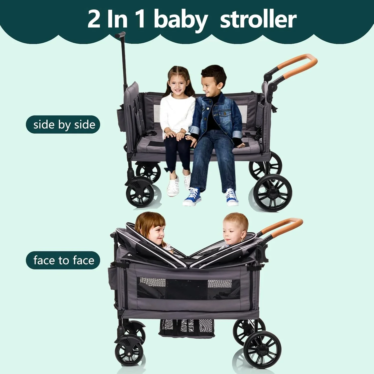 Wagon Stroller for 2 Kids & Cargo-Travel Stroller Push-Pull Double Wagon Lightweight Folding Stroller for Newborn&Toddler with 5-Point Harness,Adjustable Handle Bar and Canopy,Tray Table,Cup Holder
