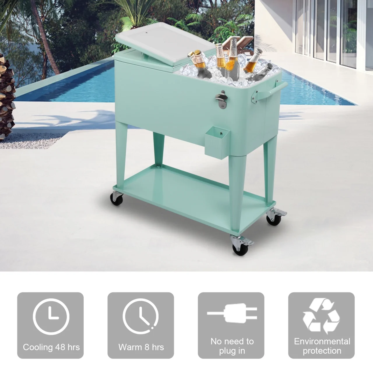 80Qt All-In-One Cooler Cart With Bottle Opener, Lower Storage Shelf and Cap Catcher, Outdoor Party Rolling Cooler With Lockable Wheels For Pool Side, Patio, Balcony, Mint(33.07 x 15.16 x 35.83)"