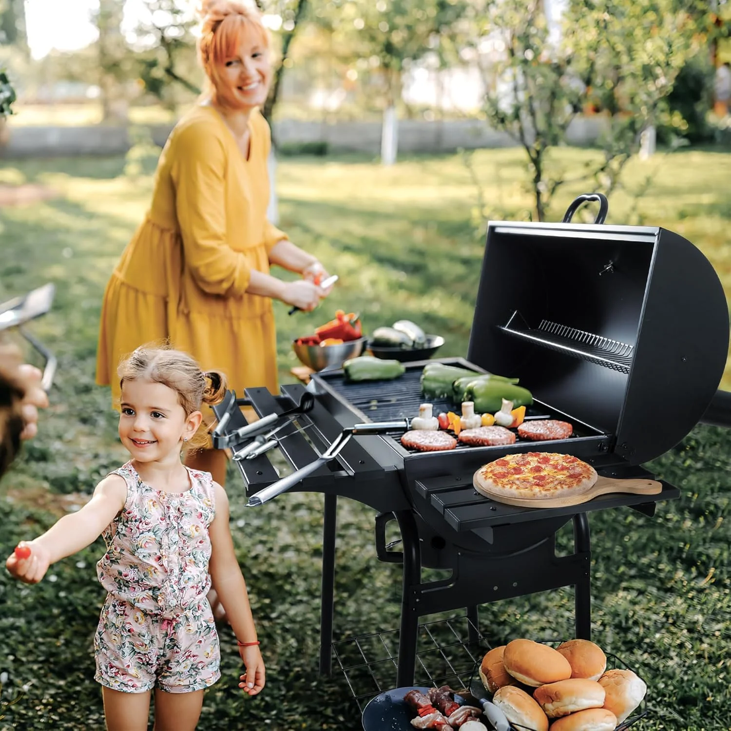 Devoko Charcoal Grill, Outdoor BBQ Grill with Offset Smoker and Side Table for Garden and Parties