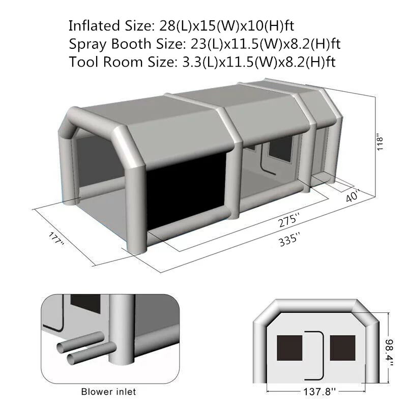 Inflatable Spray Paint Booth Tent 28X15X10FT With Two Blowers - 950W+280or380W