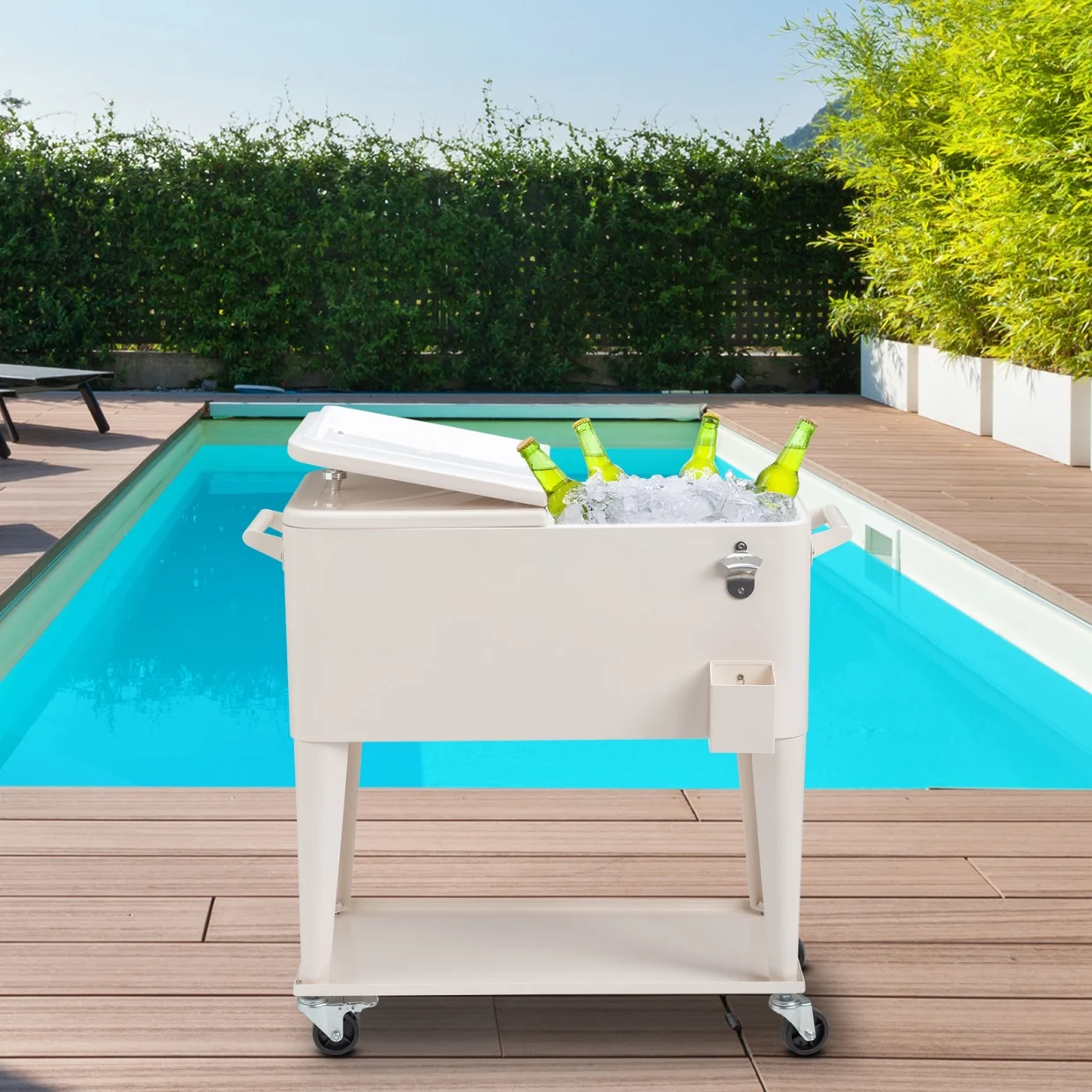 80Qt All-In-One Cooler Cart With Bottle Opener, Lower Storage Shelf and Cap Catcher, Outdoor Party Rolling Cooler With Lockable Wheels For Pool Side, Patio, Balcony, Mint(33.07 x 15.16 x 35.83)"