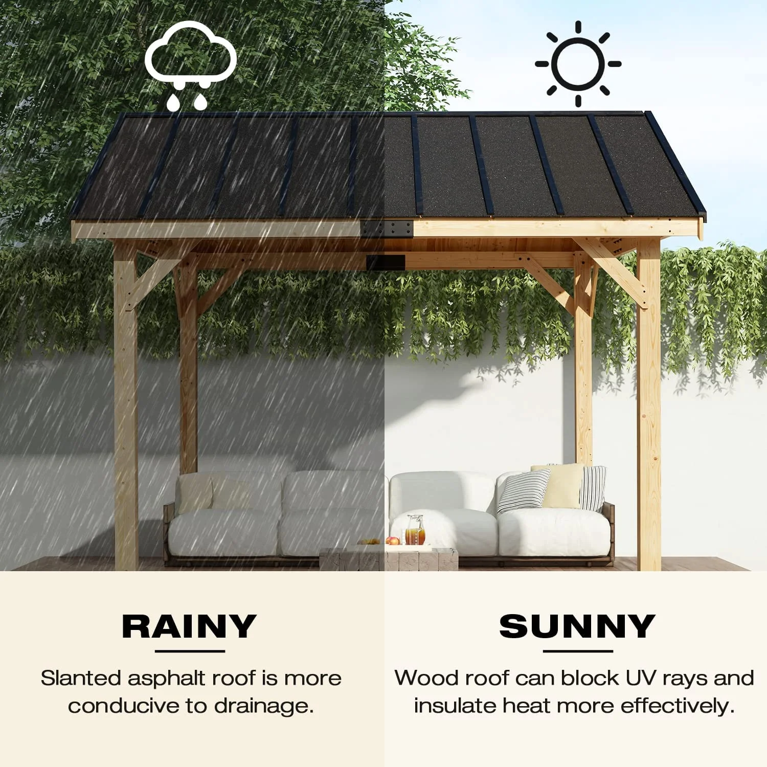 Erommy Hardtop Asphalt Roof Spruce Wood Gazebo 11 x 12 ft