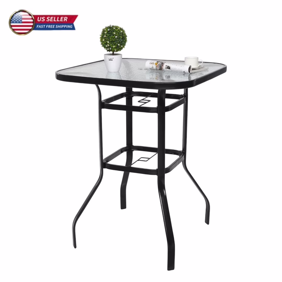 IVV Outdoor Patio Bar Height Bistro Table w/ Tempered Glass Top & 1.8″ Umbrella Hole & Metal Frame, 31.5″L x 31.5″W x 39.8″H, Black & Clear