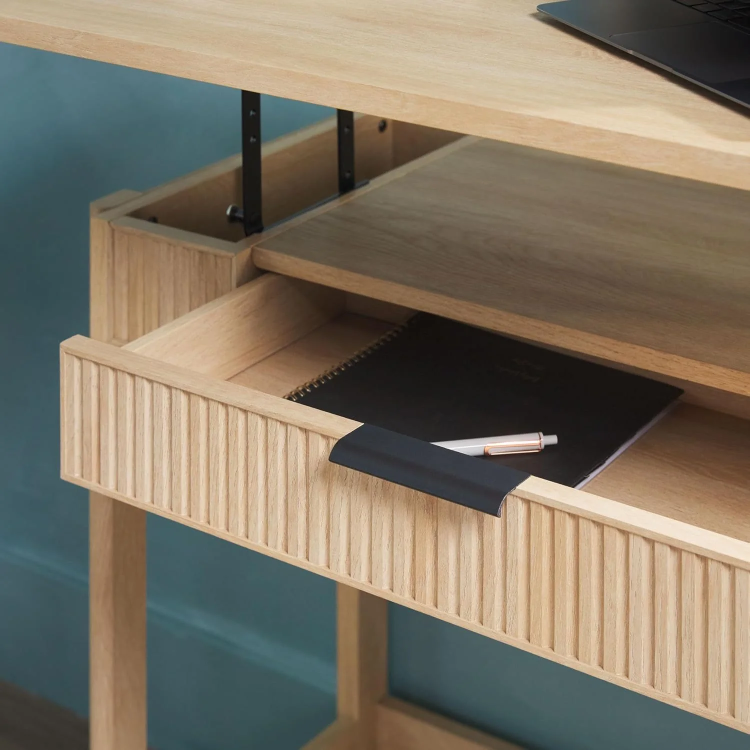 LHHP Transitional Style Furniture, Reeded Detail, Lift-Top Desk with Drawer and Storage Cubby, Sitting to Standing Desk, Soft Self-Close Desktop, 38W x 16.75D x 30H, Coastal Oak