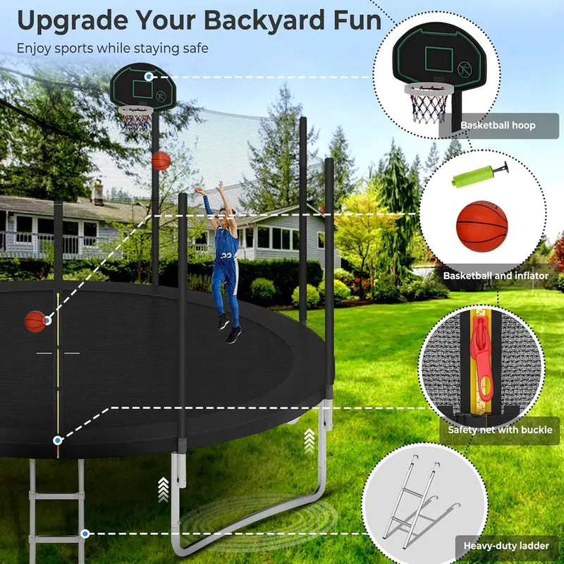 Trampoline With Enclosure Net And Adjustable Basketball Hoop - 8ft, 10ft, 12ft, 14ft, 15ft, 16ft