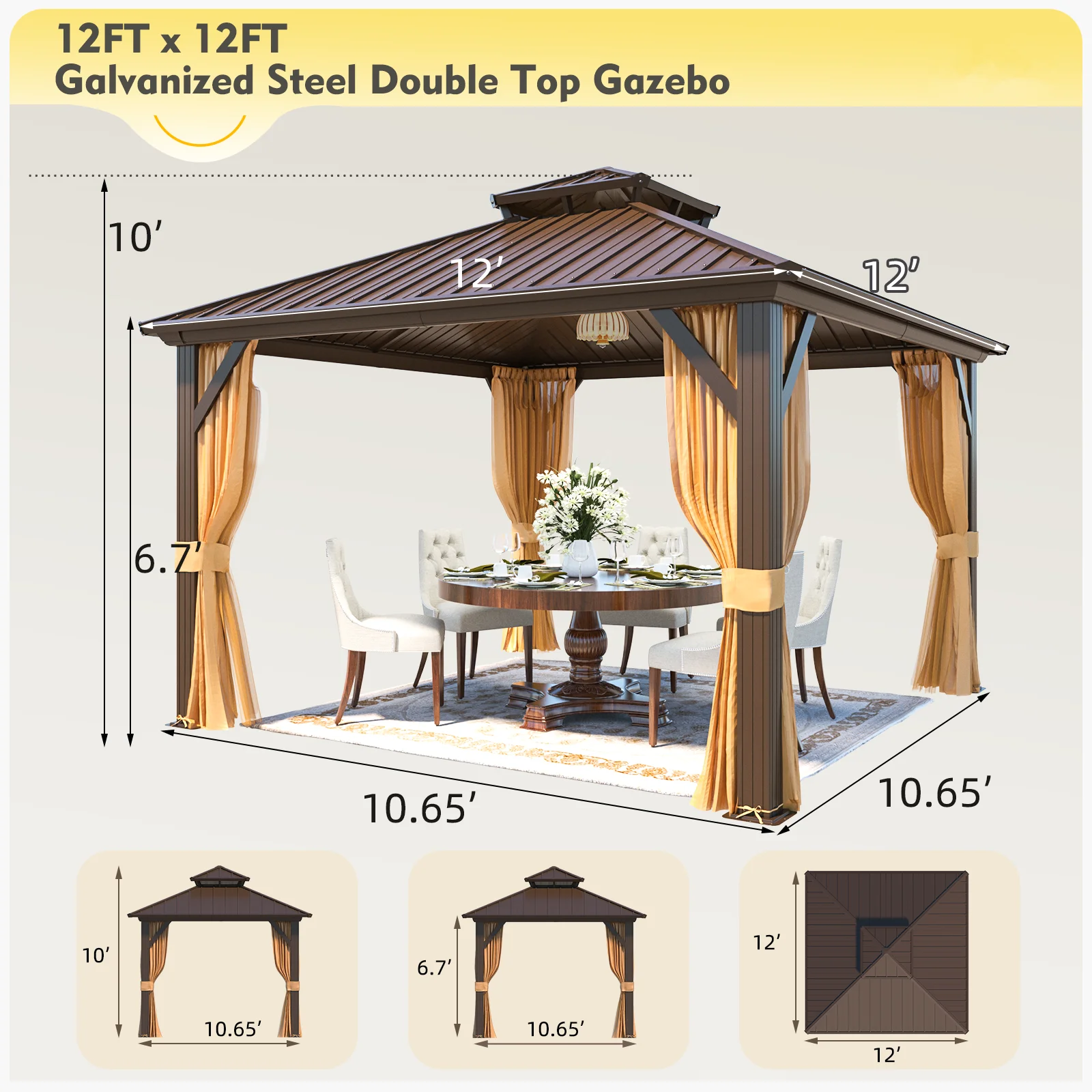Hommow 10' X 12' Hardtop Gazebo Aluminum Frame Gazebo with Galvanized Steel Double Roof