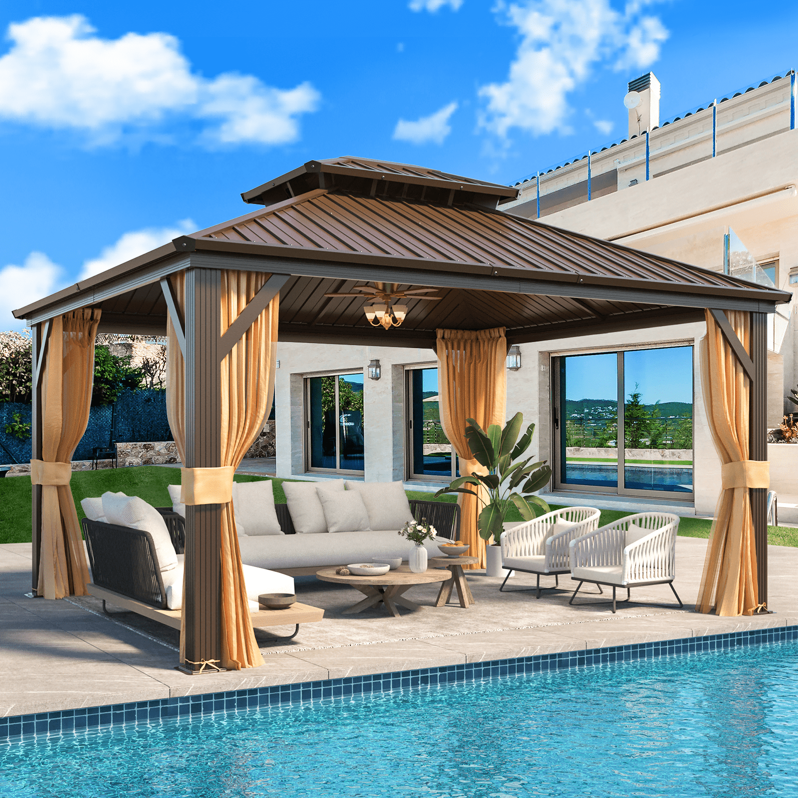 Hommow 10' X 12' Hardtop Gazebo Aluminum Frame Gazebo with Galvanized Steel Double Roof