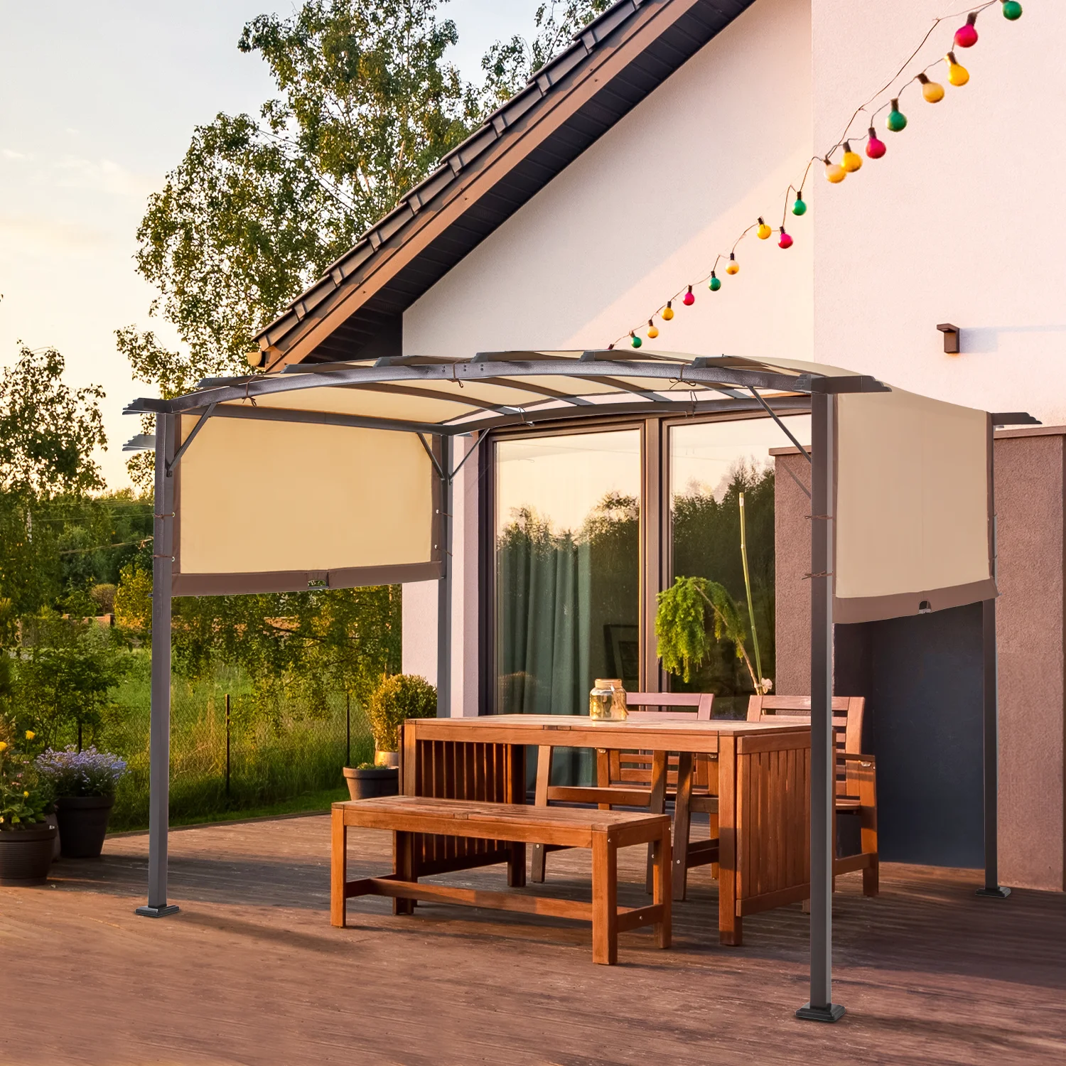 AECOJOY 12X 9Outdoor Retractable Steel Pergola Canopy with Adjustable Shade-Beige