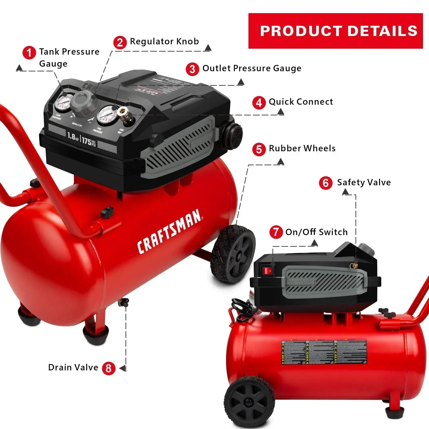CRAFTSMAN Hard Air Compressor, 10 Gallon, 1.8 HP, 175 PSI, 4.0 CFM @ 90 PSI – CMXECXA0201041