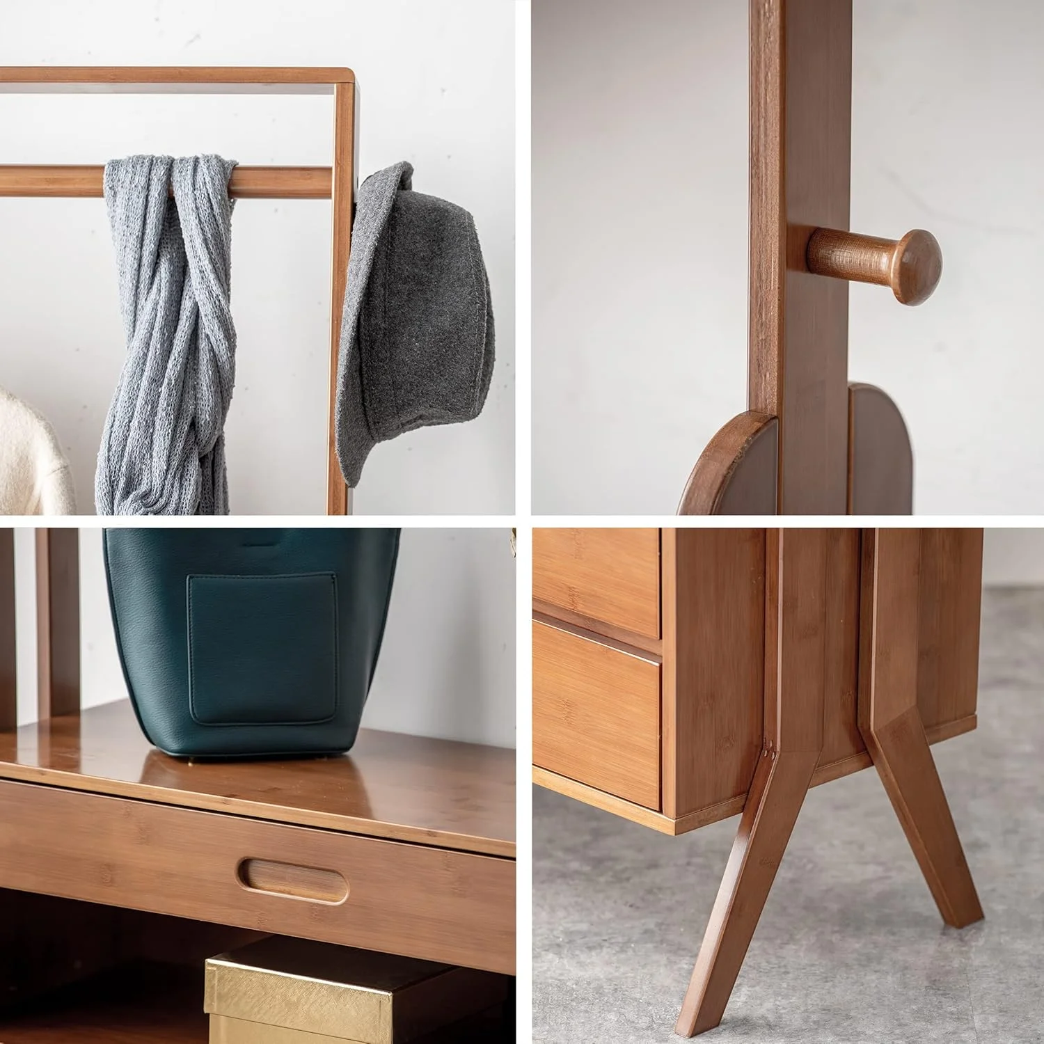 WILK Freestanding Wooden Coat Rack, Bamboo Wood Coat Rack with Seat, Storage Drawer and Hooks, Tree Freestanding for Hanging Coats, Jackets, Hats, Bags, Umbrellas, Brown (32.9(L) x 13(W) x 66.5(H))