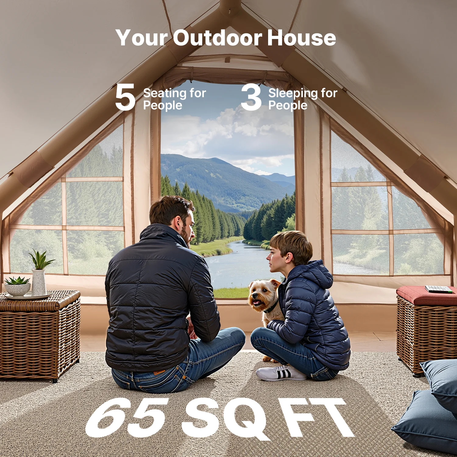 KFFKFF Inflatable Camping Tent for 3-5 Person, 9.84 x 6.56 x 6.56 Ft 300D Oxford Fabric Glamping Blow up Tent with Hand Pump, Waterproof Air Tent with Stove Jack