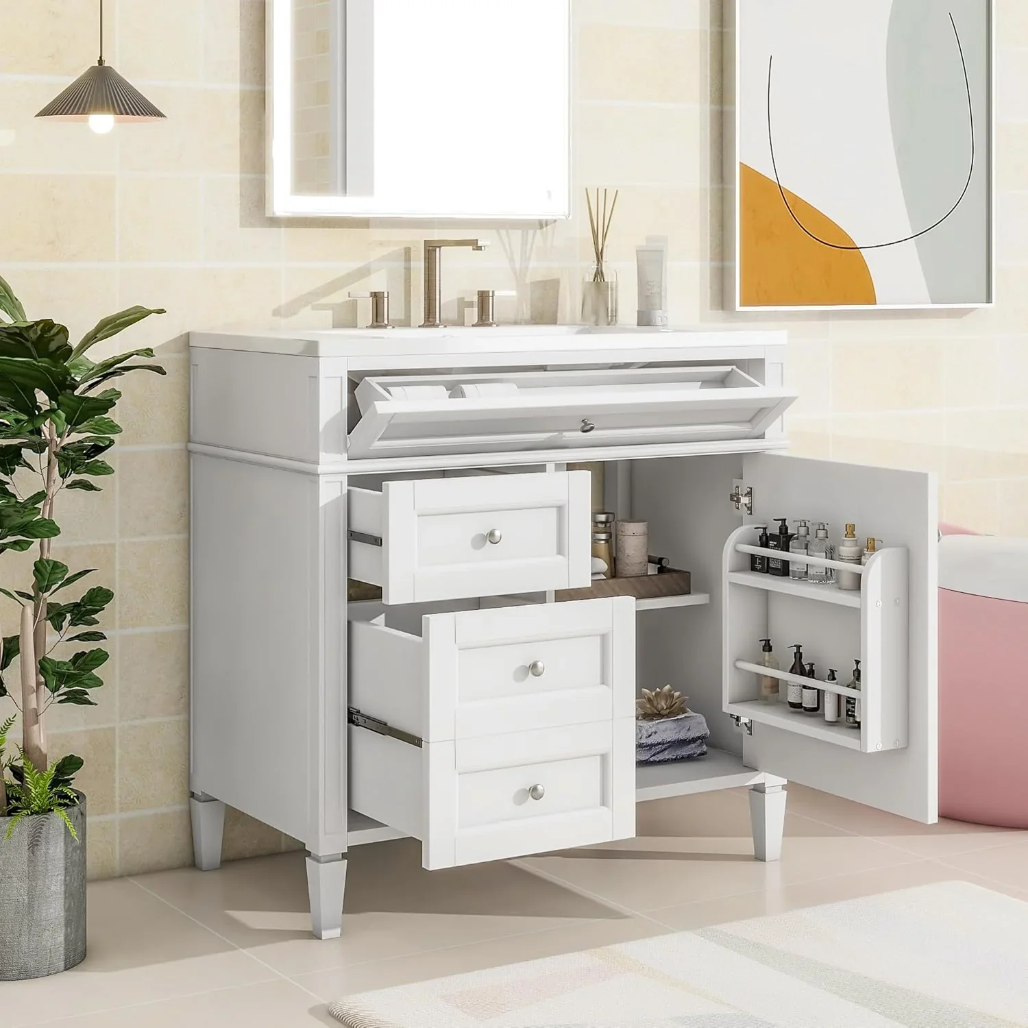 36″ Bathroom Vanity with Single Sink Combo, Modern Undermount Bathroom Sink Cabinet with 2 Drawers and a Tip-Out Drawer, Freestanding Bathroom Vanities, Soft Closing, Solid Wood Frame
