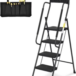 HBTower 4 Step Ladder with Handrails and Tool Bag, Folding Step Stool with Attachable  Anti-Slip Wide Pedal, Black