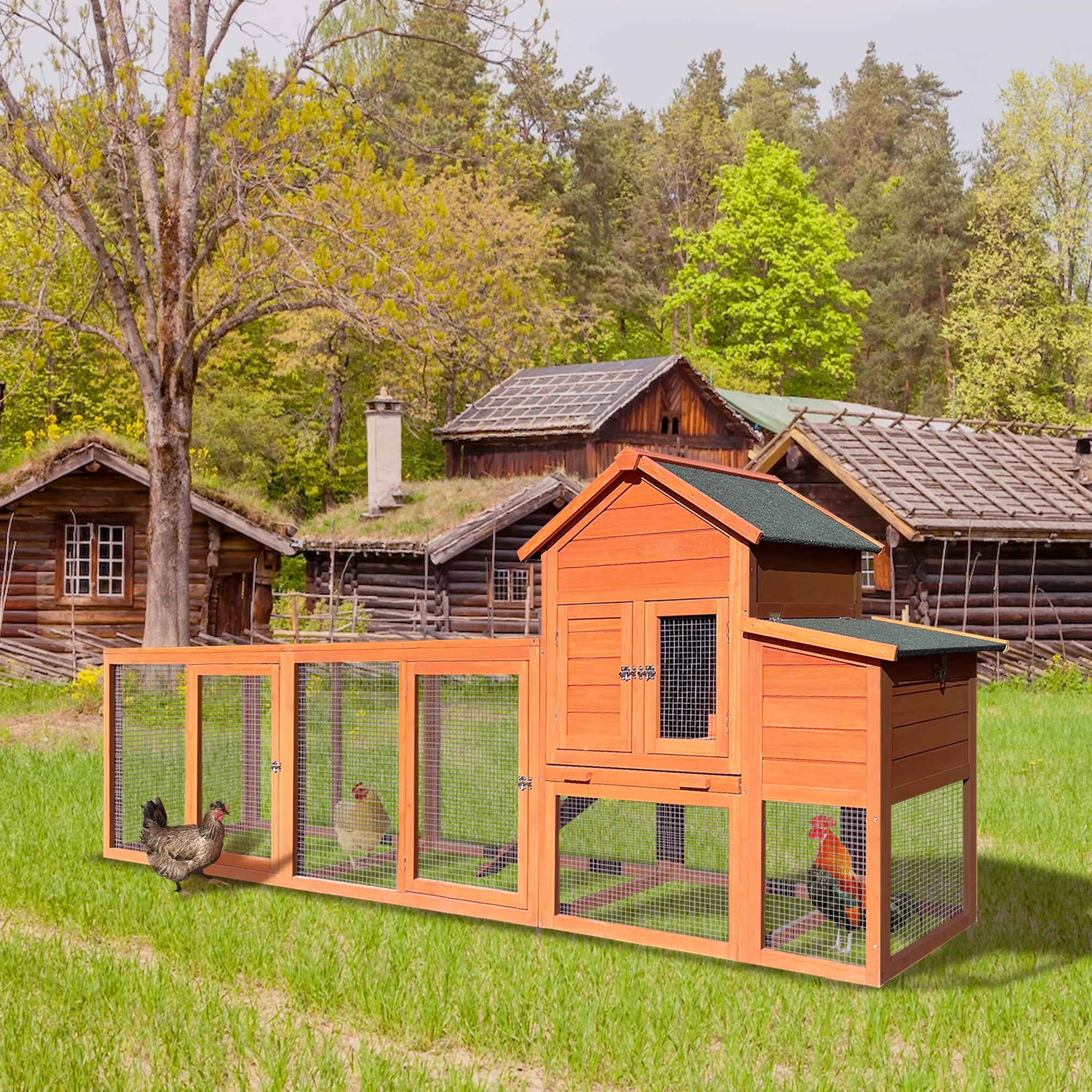 Pefilos 112″ Large Rabbit Hutch Outdoor Wood Chicken Coop, Hen House with Nest Box, Wire Fence Poultry Cage, Orange