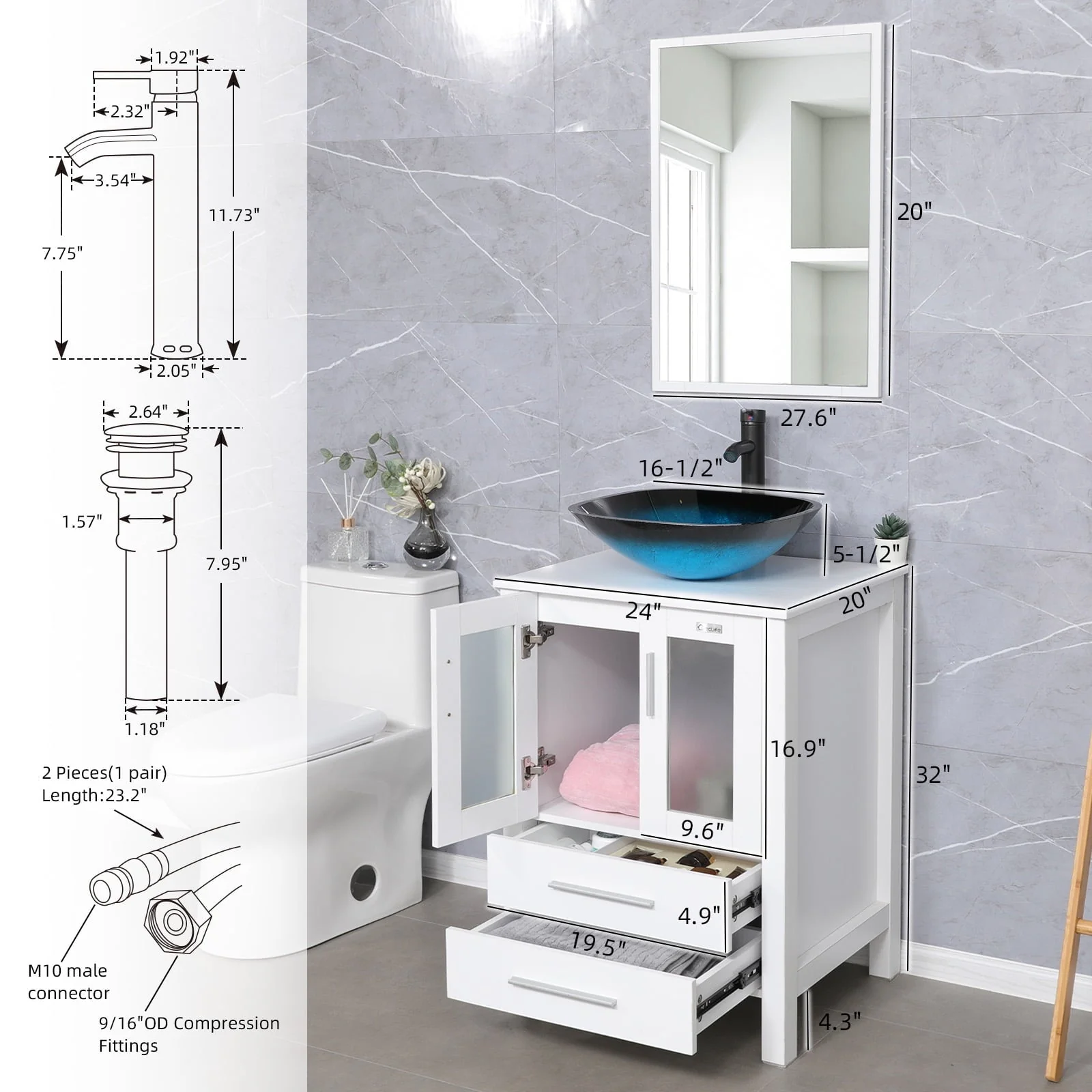 Eclife 24"W x 20"D x 32"H Classical Bathroom Vanity Vessel Sink Set with Faucet, Mirror White Vanity and Ocean Blue Square Glass Sink Pop up Drain Combo