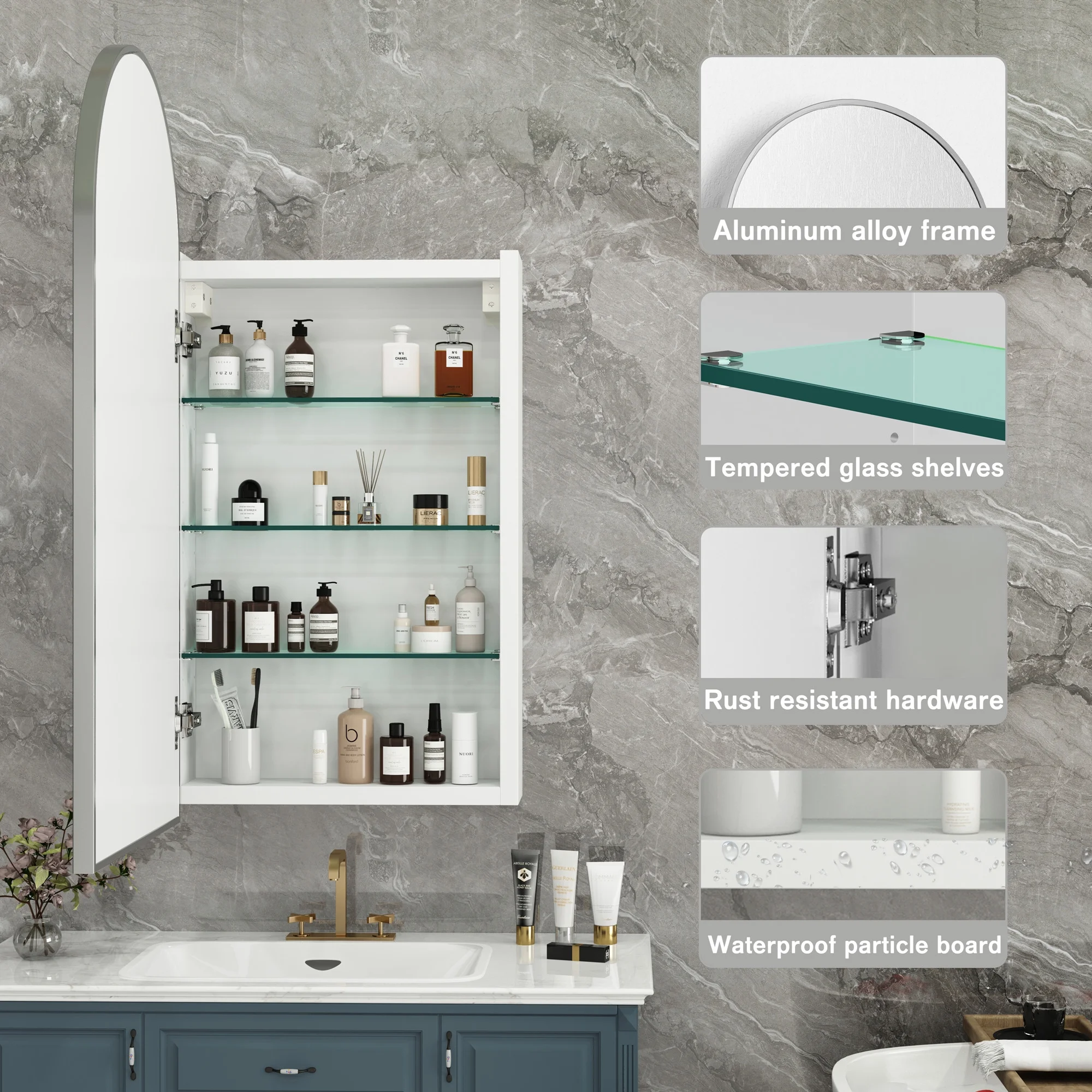 FKWin Arched Bathroom Medicine Cabinet with Mirror - Aluminum Framed Bathroom Mirror with Storage, Black Mirrored Medicine Cabinet, Wall Surface Mounted, 31.4"H x 15.7"W x 3.9"D