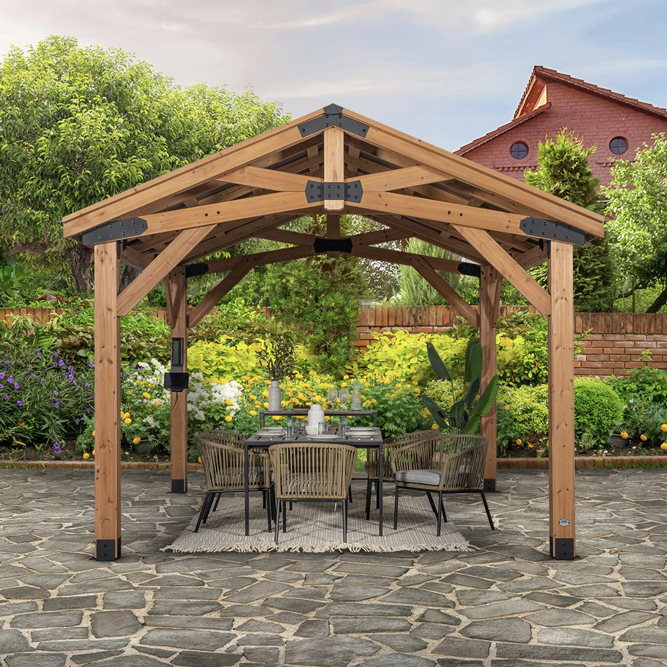 Backyard Discovery Norwood 14' x 12' Cedar Wood Gazebo, Galvanized Steel Roof, PowerPort