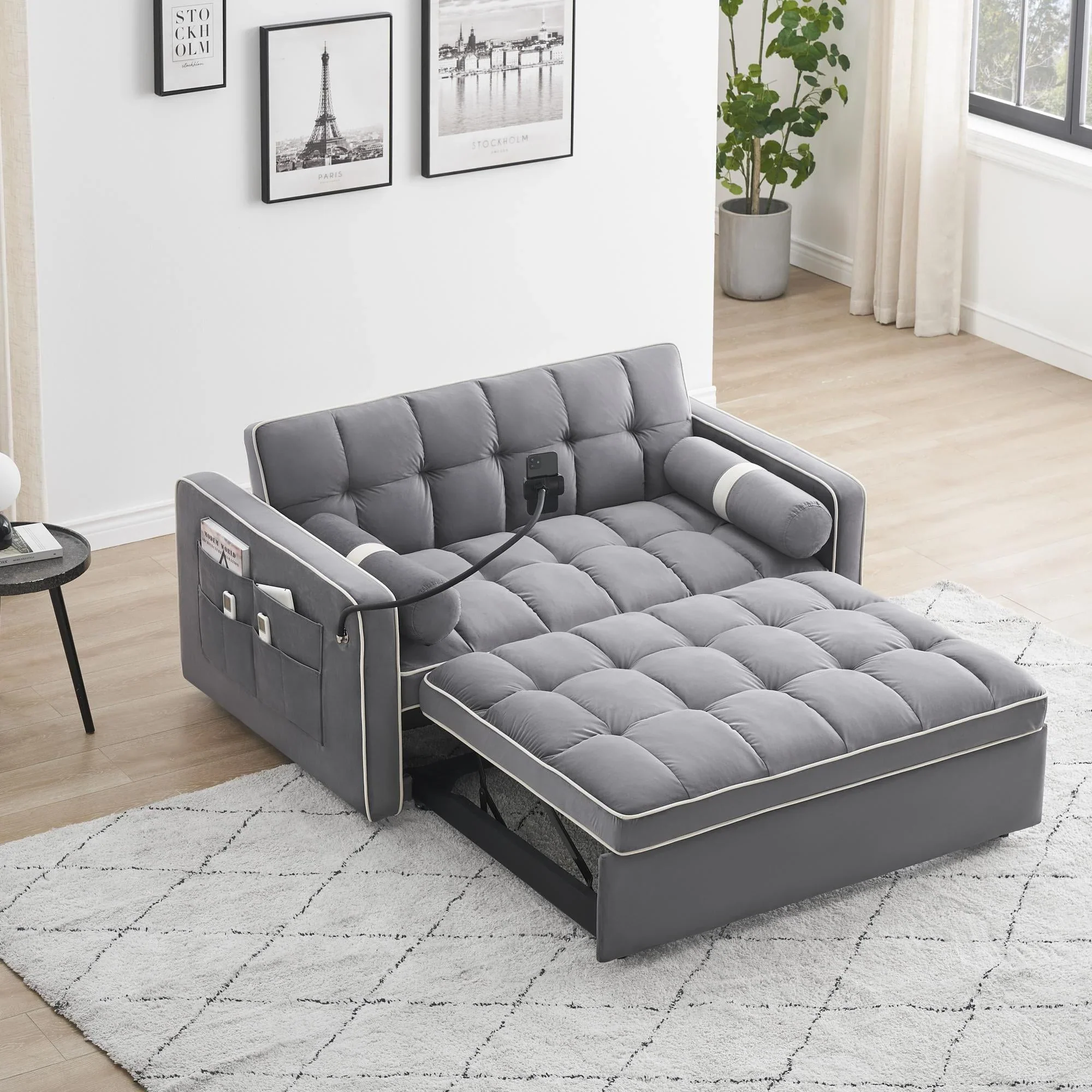 3 in 1 Sleeper Sofa Couch Bed,Small Tufted Velvet Convertible Loveseat Futon Sofa w/Pullout Bed,Adjustable Backrest,Cylinder Pillows,Multi-Pockets,Phone Holder for Living Room Apartment,Grey,55.5″