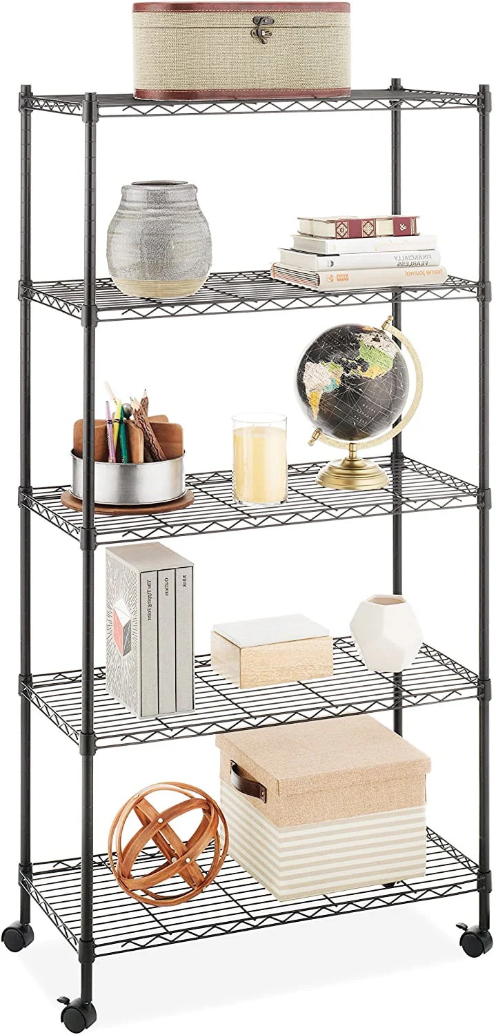 Zimtown 5-Shelf Metal Storage Rack, 35″L x 14″W x 65″ H Wire Shelving Unit with Wheels Black for Kitchen Garage, Capacity for 200 lbs Per Shelf