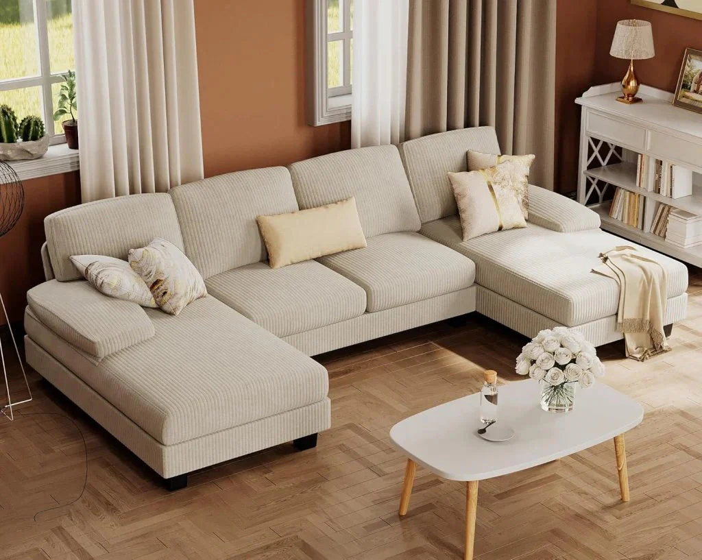 Furmax Sectional Couches for Living Room, U-Shaped Sofa Couch with Linen Fabric, 4 Seat Sofa Set with Double Chaise for Apartment (Fabric, Grey)