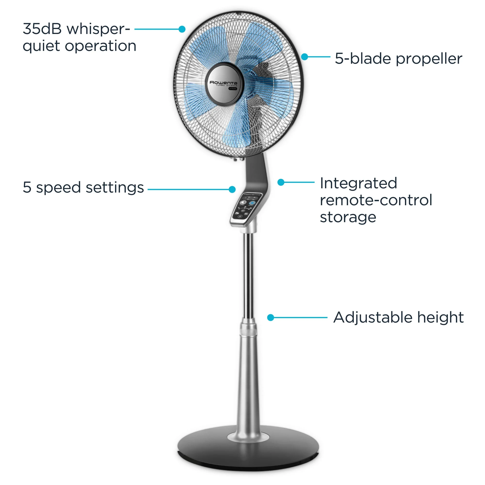 Rowenta Turbo Silence Standing Floor Fan with Remote, 53 Inch, Portable, 5 Speeds, VU5670
