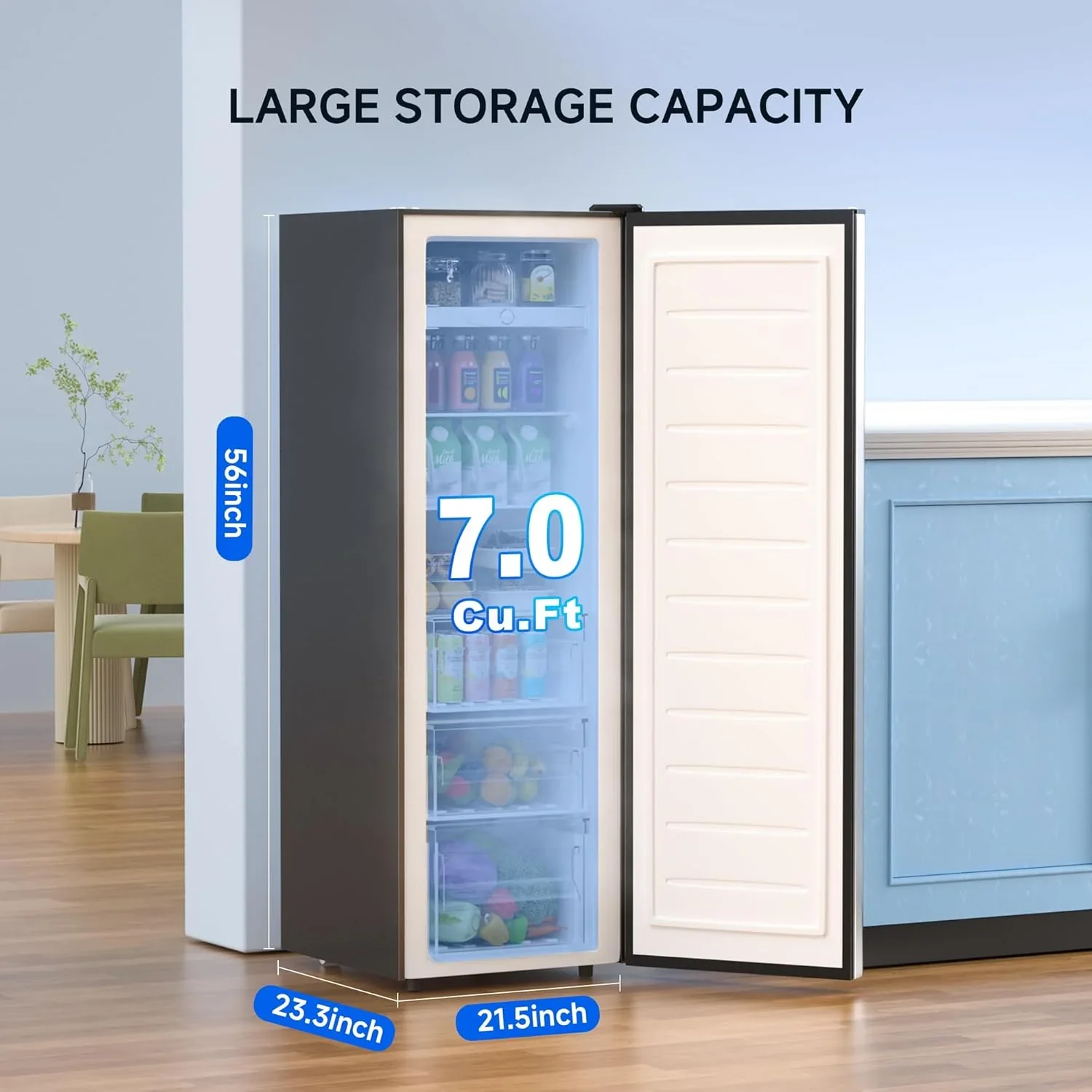 BANGSON Upright Freezer, 7.0 Cu.ft Stand Up Freezer, Convertible Upright Freezer/Refrigerator, Single Door for Kitchen,Garage, Office, Apartment, Silver