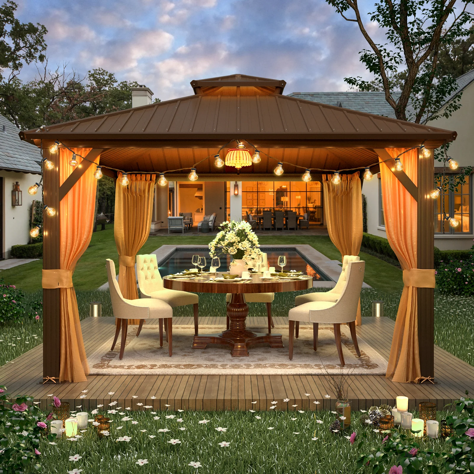 Hommow 10' X 12' Hardtop Gazebo Aluminum Frame Gazebo with Galvanized Steel Double Roof
