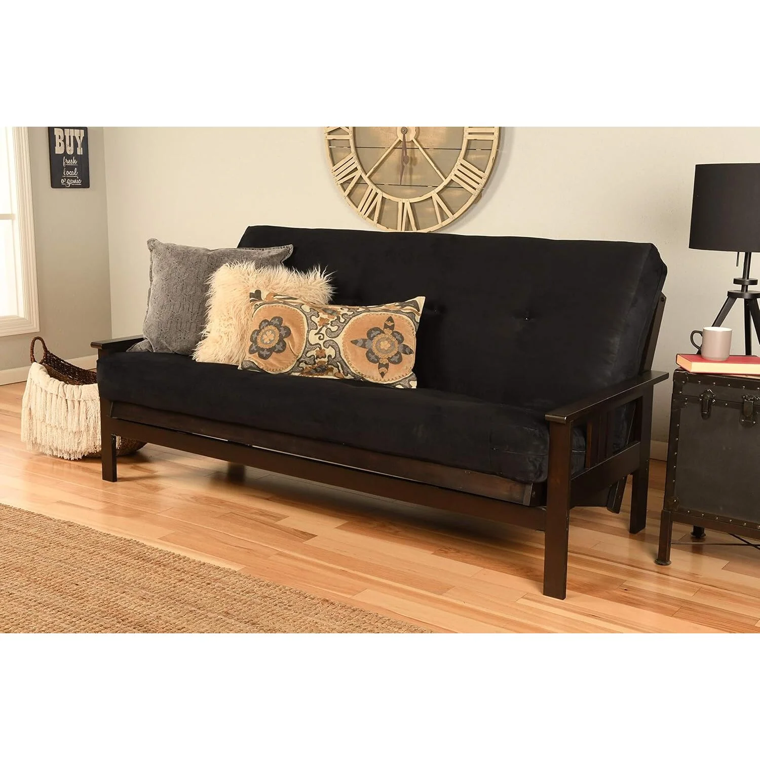 Homestock African Artifacts Full Size Futon Frame Set with Mattress, Easily Converts to Bed, Versatile Design Futon Frame for All Spaces, 33"H x 79"L x 37"D-Color:Linen Charcoal,Size:Barbados