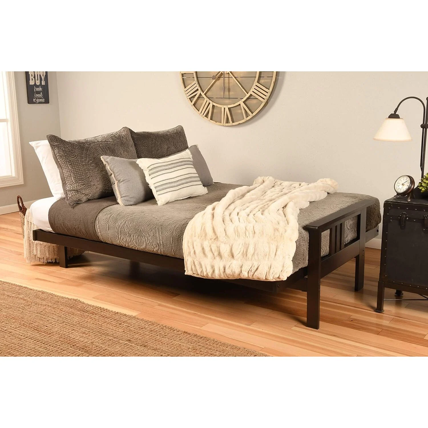 Homestock African Artifacts Full Size Futon Frame Set with Mattress, Easily Converts to Bed, Versatile Design Futon Frame for All Spaces, 33"H x 79"L x 37"D-Color:Linen Charcoal,Size:Barbados