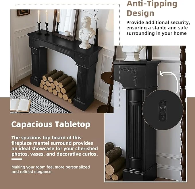 EPICOZY 43.3" Fireplace Mantel, Freestanding Fireplace Surround with Leg for Electric Fireplaces, MDF Mantel Surround with Shelf for Living Room with Decorative Pattern, Anti-Tipping & Waterproof