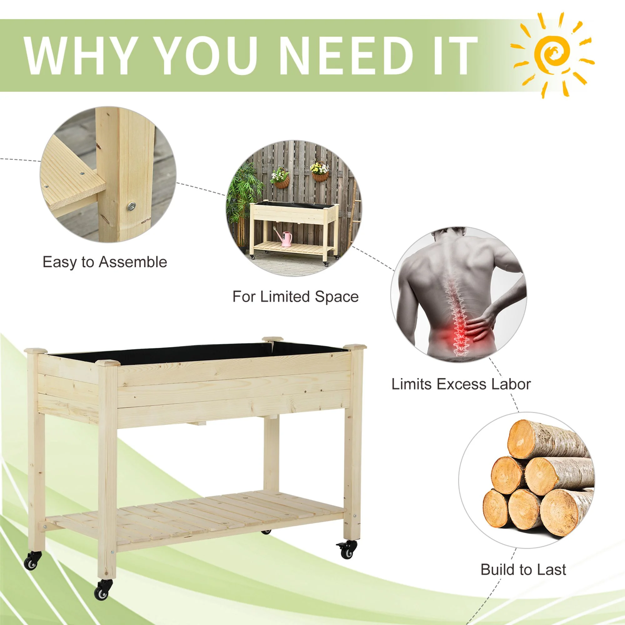 DUOSONG Outsunny Raised Garden Bed, 47" X 22" X 33", Elevated Wooden Planter Box W/ Lockable Wheels, Storage Shelf, And Bed Liner For Backyard, Patio, Natural Natural Wood Garden & Outdoor Garden