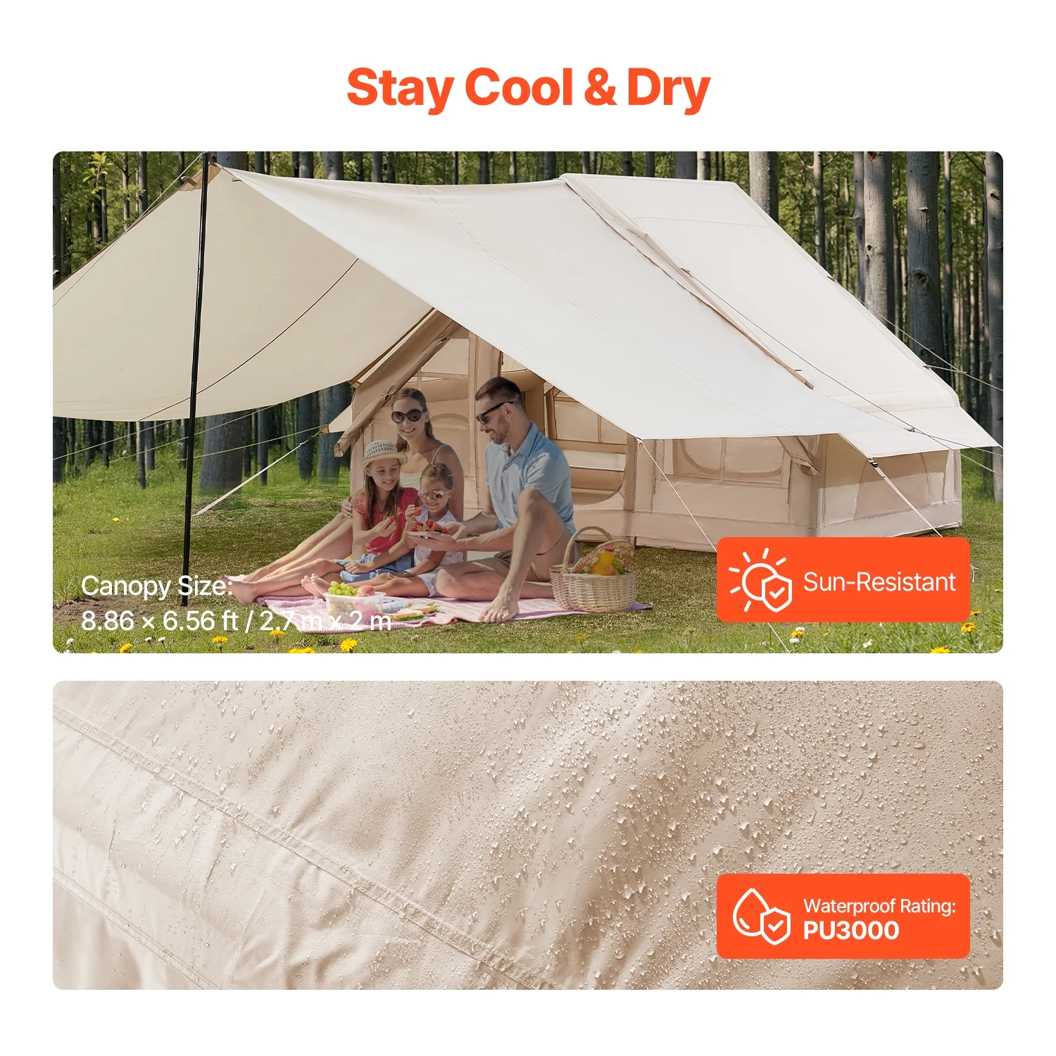 KFFKFF Inflatable Camping Tent for 3-5 Person, 9.84 x 6.56 x 6.56 Ft 300D Oxford Fabric Glamping Blow up Tent with Hand Pump, Waterproof Air Tent with Stove Jack