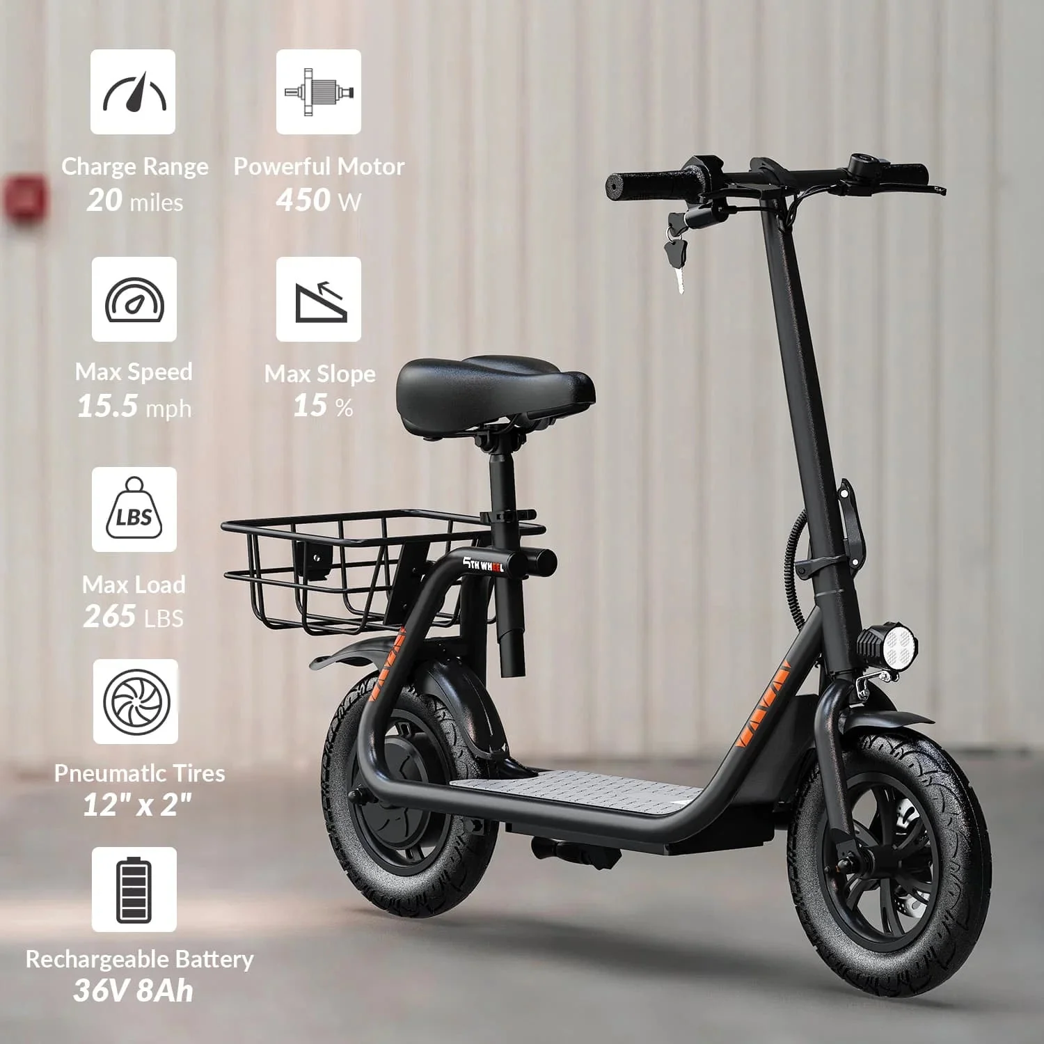 5TH WHEEL Electric Scooter With Seat And Carry Basket, 450W, 36V, 20-Mile Range, 15.5 Mph, 12 Inch – W18S