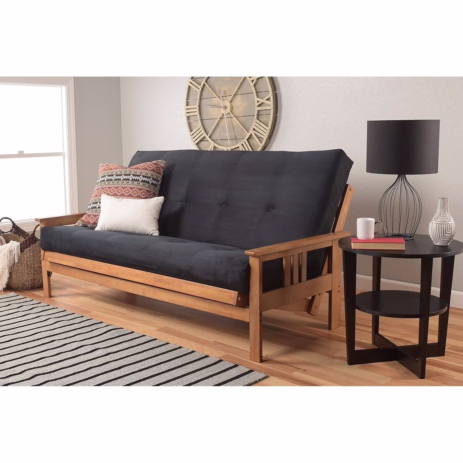 Homestock African Artifacts Full Size Futon Frame Set with Mattress, Easily Converts to Bed, Versatile Design Futon Frame for All Spaces, 33"H x 79"L x 37"D-Color:Linen Charcoal,Size:Barbados